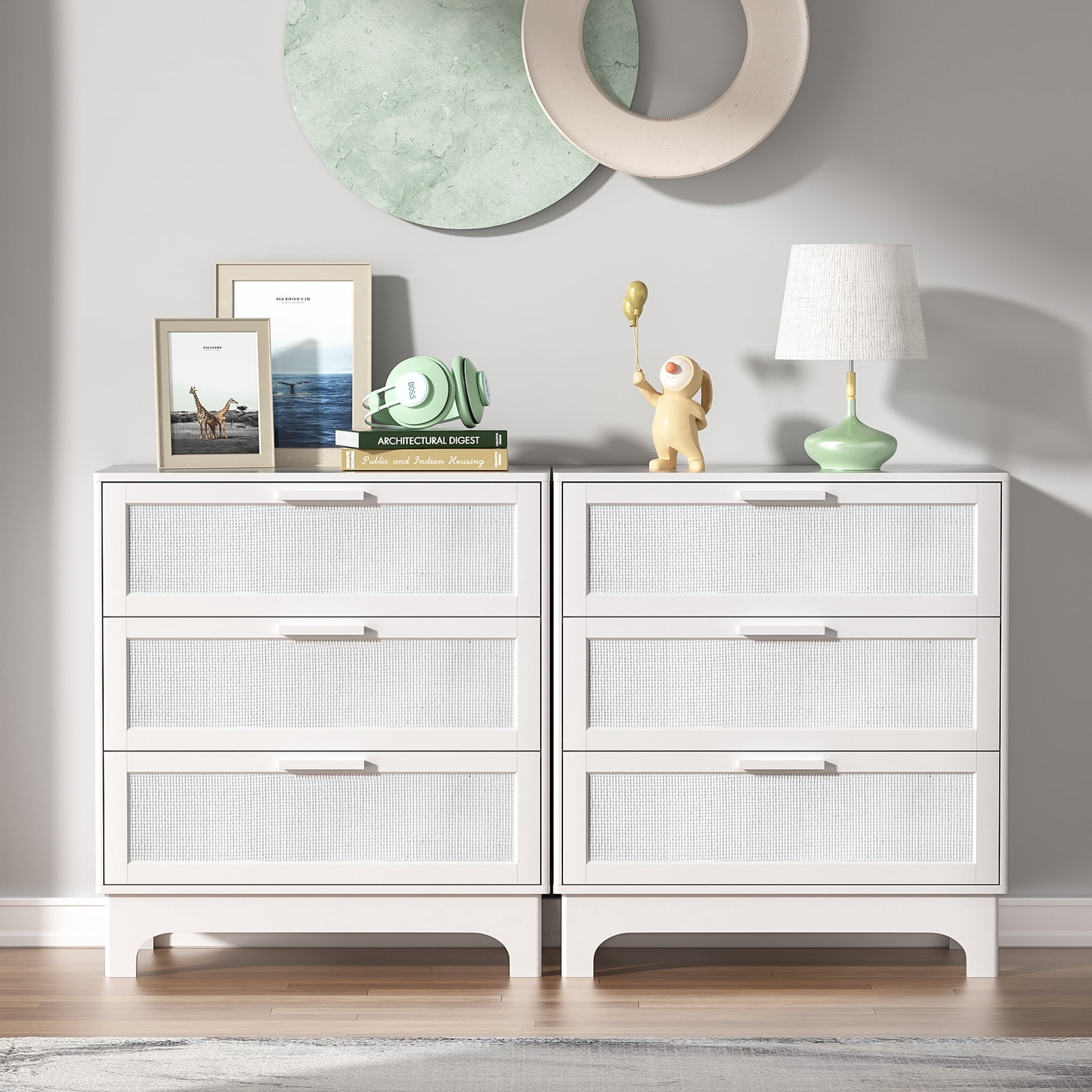 Eumyviv 3 Drawer Dresser, White Rattan Dresser for Bedroom Chest of Drawers for Living Room Bedroom, White H0151