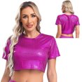 thumbnail image 3 of Camiseta de manga corta con cuello redondo para mujer, Top corto a cuadros metálico, ropa de baile en barra puesta en escena, disfraz de fiesta Rave, 3 of 5