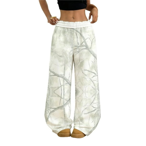 Pantalones harem informales elásticos de pierna ancha con cintura y estampado de camuflaje de hoja de arce for mujer