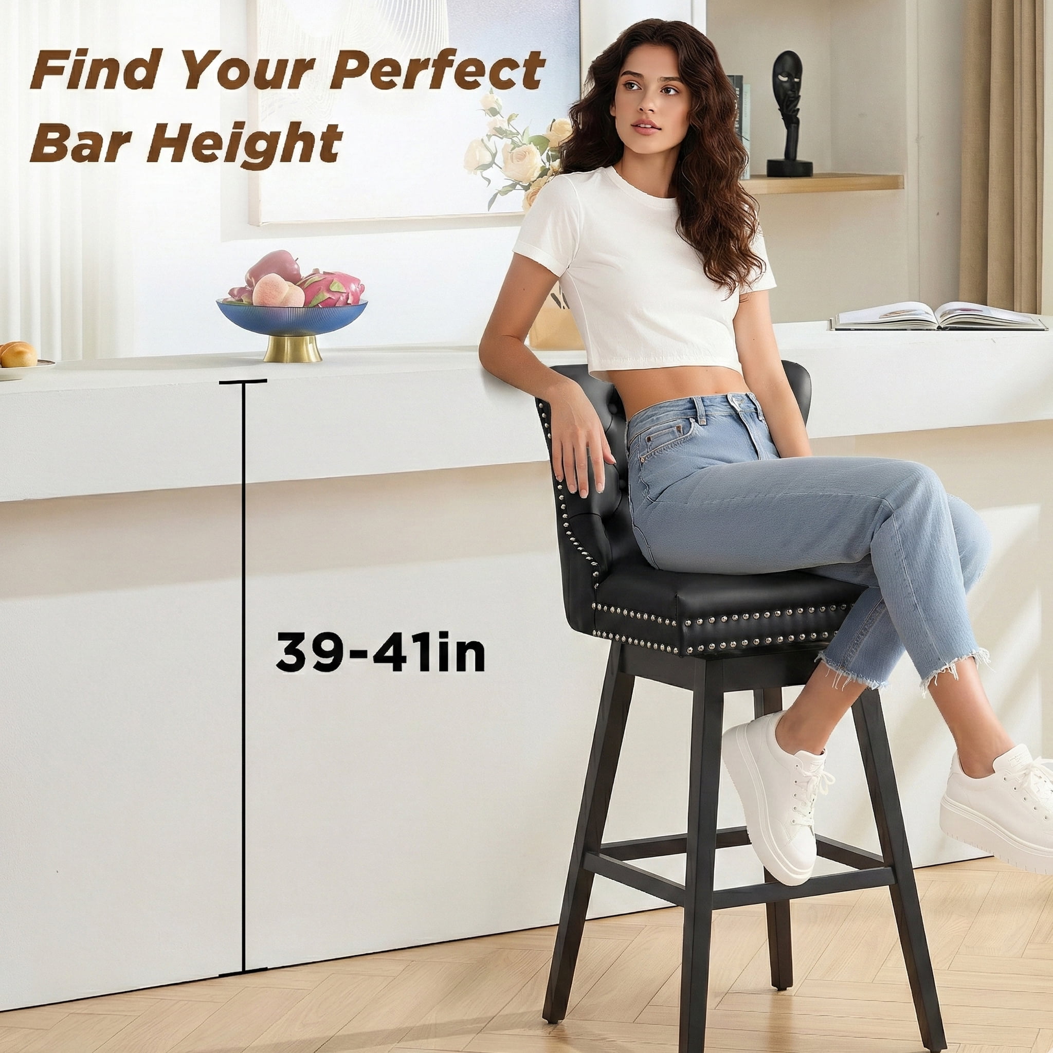 TEWLOSS Swivel Bar Stools Set of 4, 30" Bar Height Faux Leather Chairs with Back for Home Bar, Black