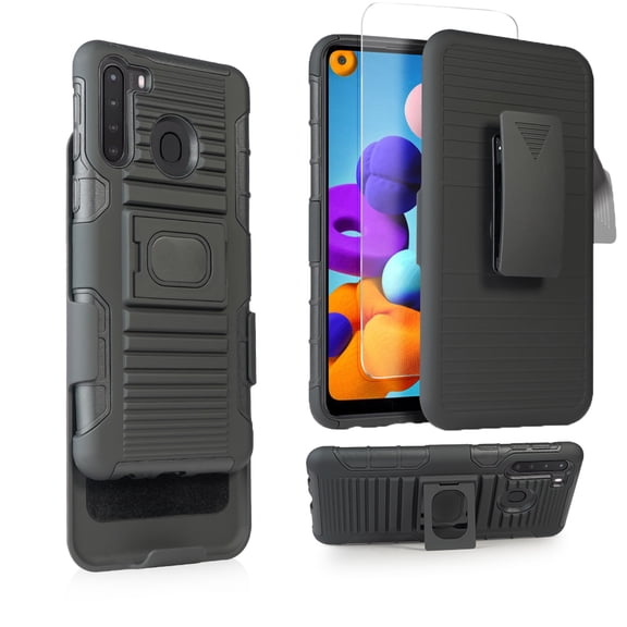 Compatible for Samsung Galaxy A21 Case with Tempered Glass Screen Protector Belt Clip Holster Defender Rugged Shock Proof Armor Heavy Protection Phone Cover w/Magnetic Mount Plate [Black]
