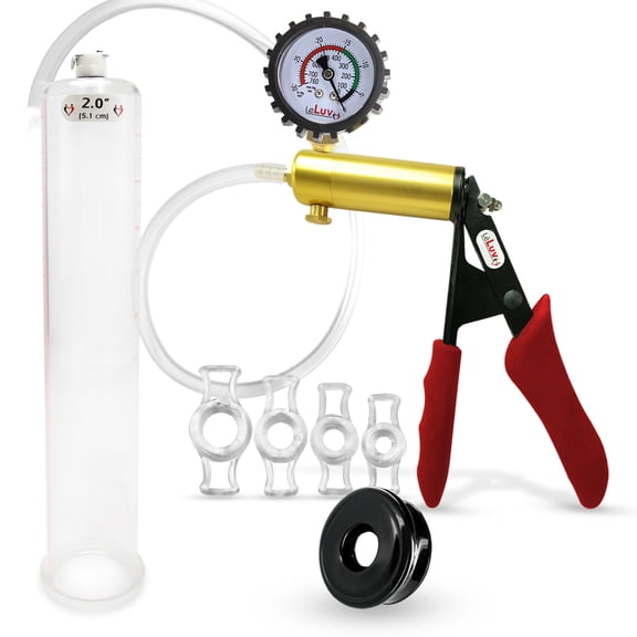 LeLuv Ultima Penis Pump, Brass w/ Red Handle, Silicone Grip, Clear Hose Protected Gauge | Silicone, 4 Cock Rings | 12" x 2.00" Cylinder
