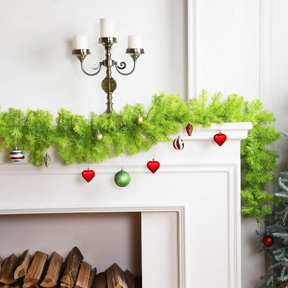 Guvpev 9FT Artificial Christmas Cedar Garland, Bright Green Whimsical Holiday Garlands, Indoor Outdoor Christmas Greenery Garland Decorations for Stairs Fireplace Mantel Front Door Porch Decor
