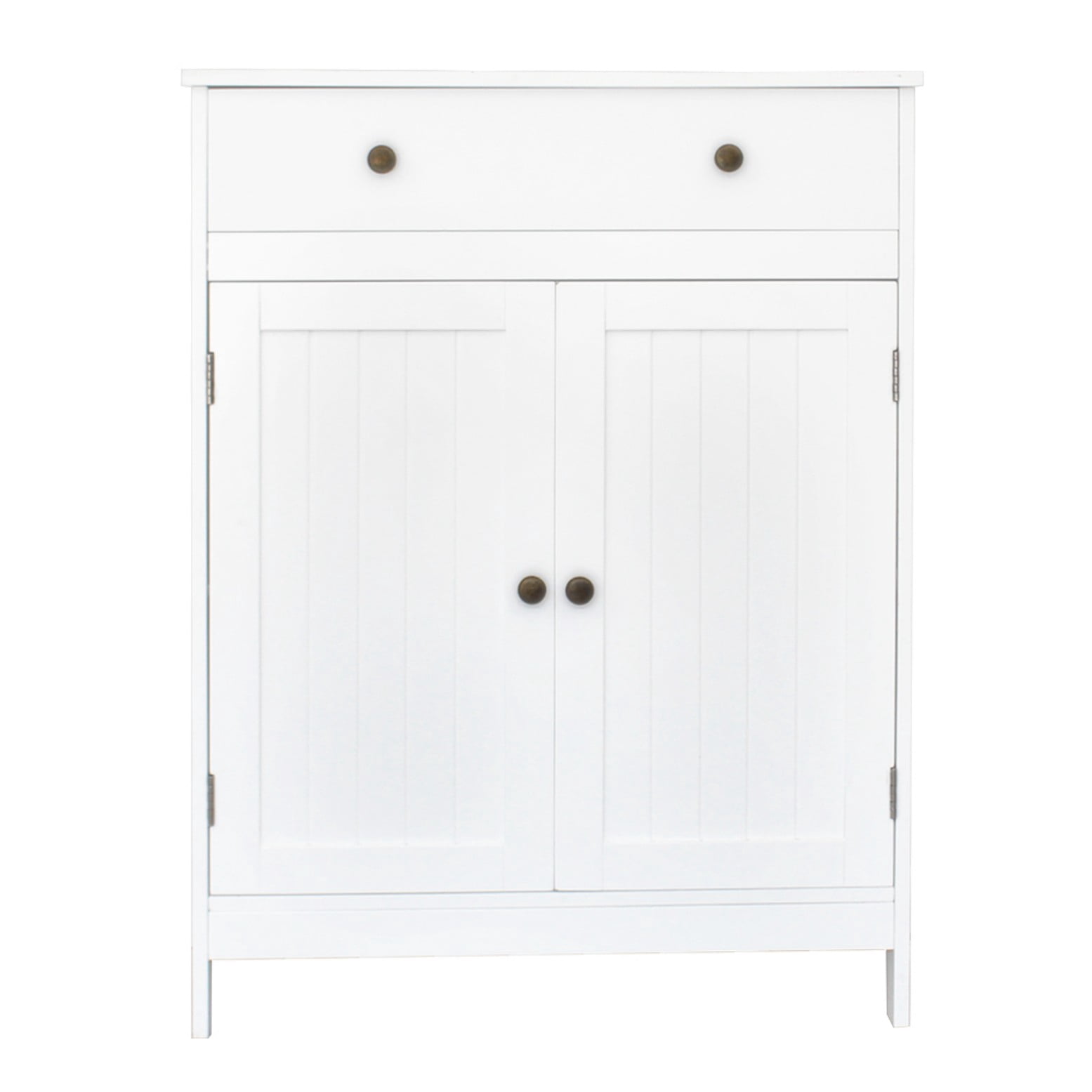 Hassch Multi-Purpose Freestanding Cabinet w/ Storage Drawer, Classic White MDF Cabinet with Double Doors & Bronze Handle, for Bathroom Dining Room Porch