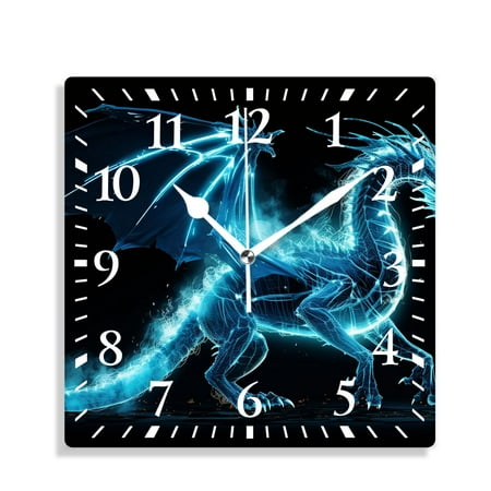12 Inch Wall Clock Battery Operated Silent Clock Decorative for Office, Kitchen, Outdoor, Living Room，Blue Fire Dragon Illustration