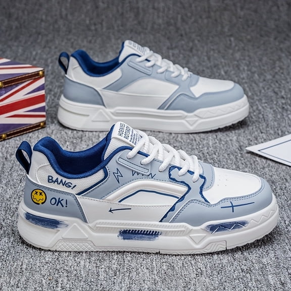 Men's White Blue Graffiti Platform Sneakers, Low-Top Casual Fashion Shoes, Non-Slip Walking Shoes for Daily Wear