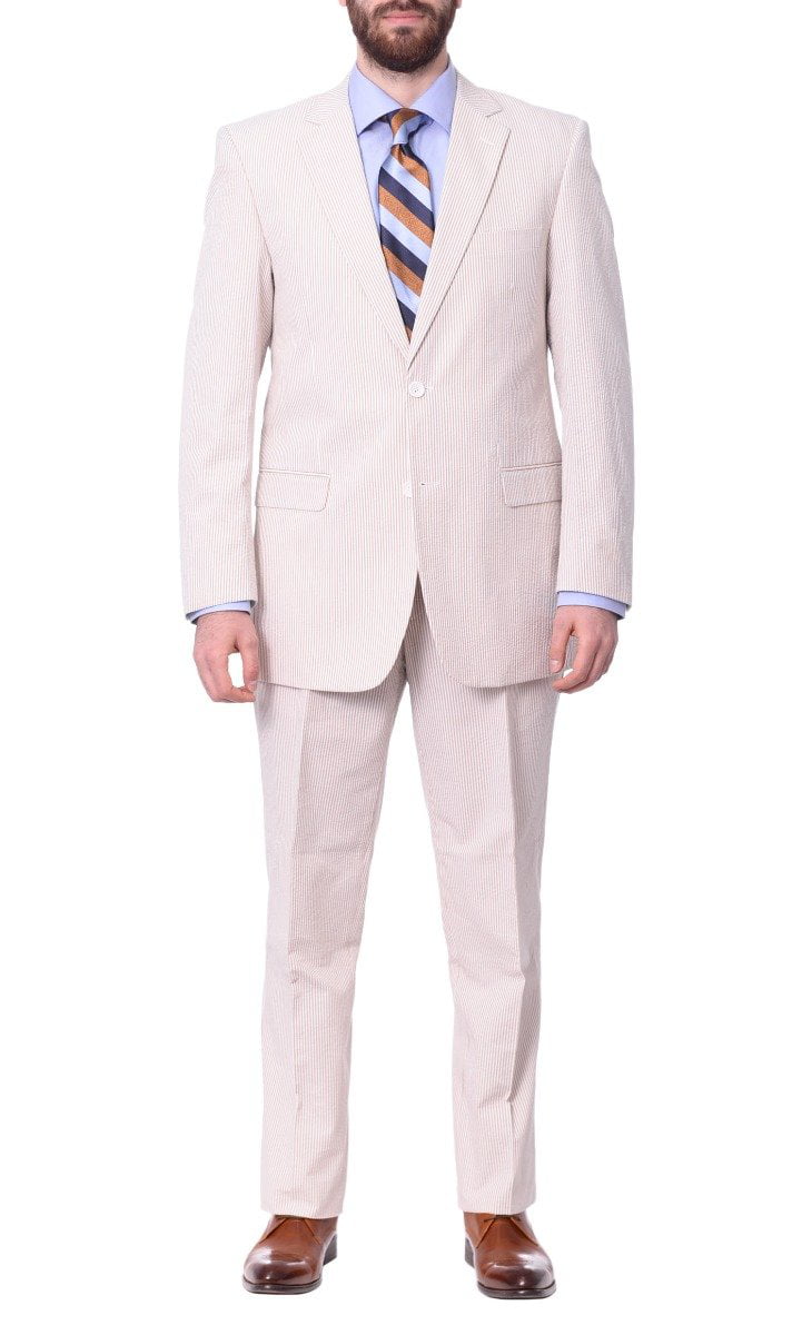 Emigre Classic Fit Tan Pinstriped Two Button Cotton Seersucker Suit ...