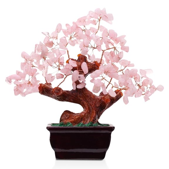 Feng Shui Natural Rose Pink Quartz Crystal Money Tree Bonsai Style, Enhance Wealth and Luck with Elegant Desk Decor