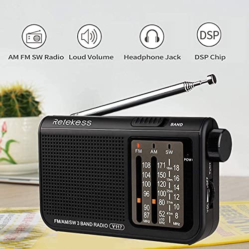 Retekess V117 Radios AM FM portátiles, 2AA Funciona con batería con al