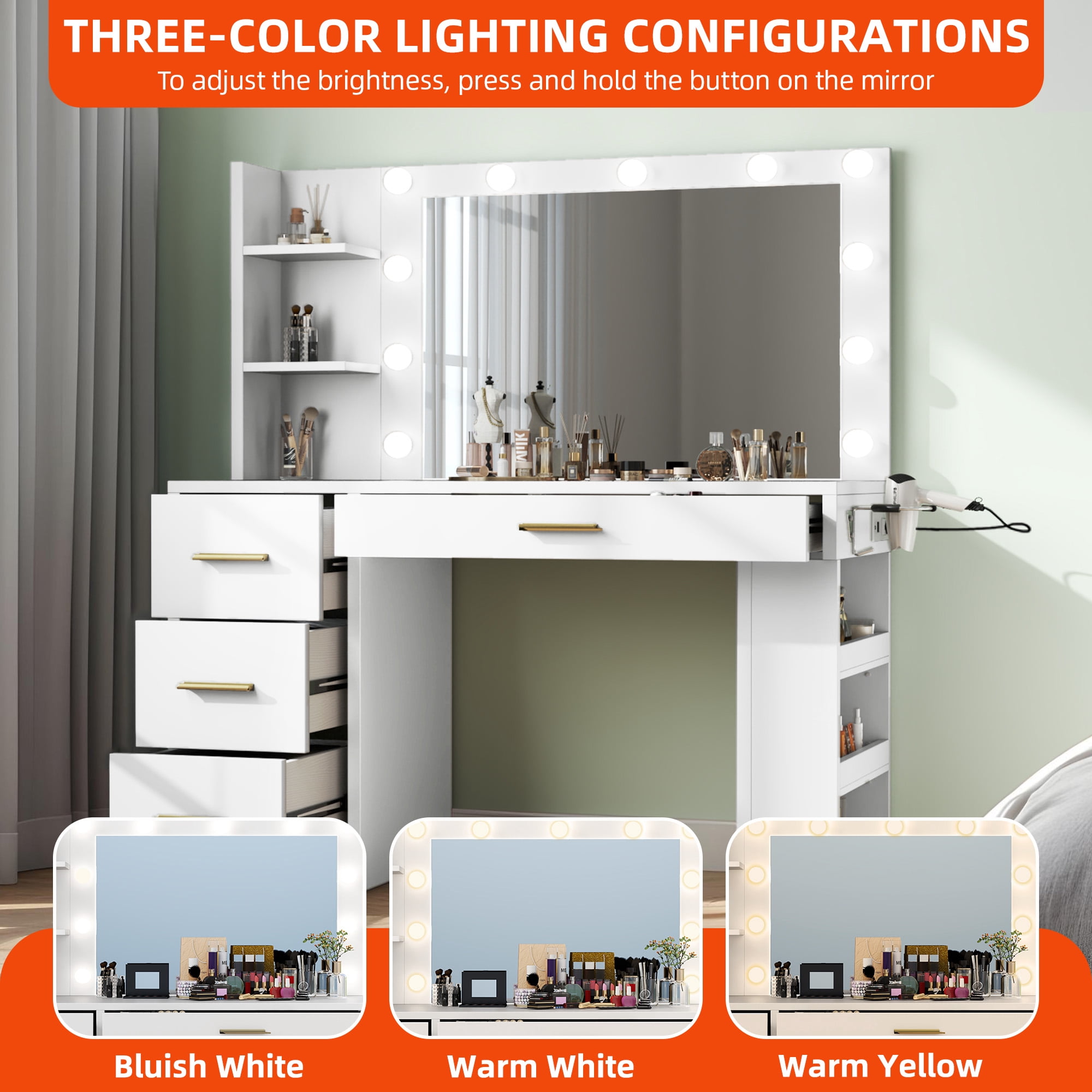 Uforic Adults' Makeup Vanity – Modern White Desk with 3-Color Lights, Storage Shelves, 4 Drawers & USB Charging Station