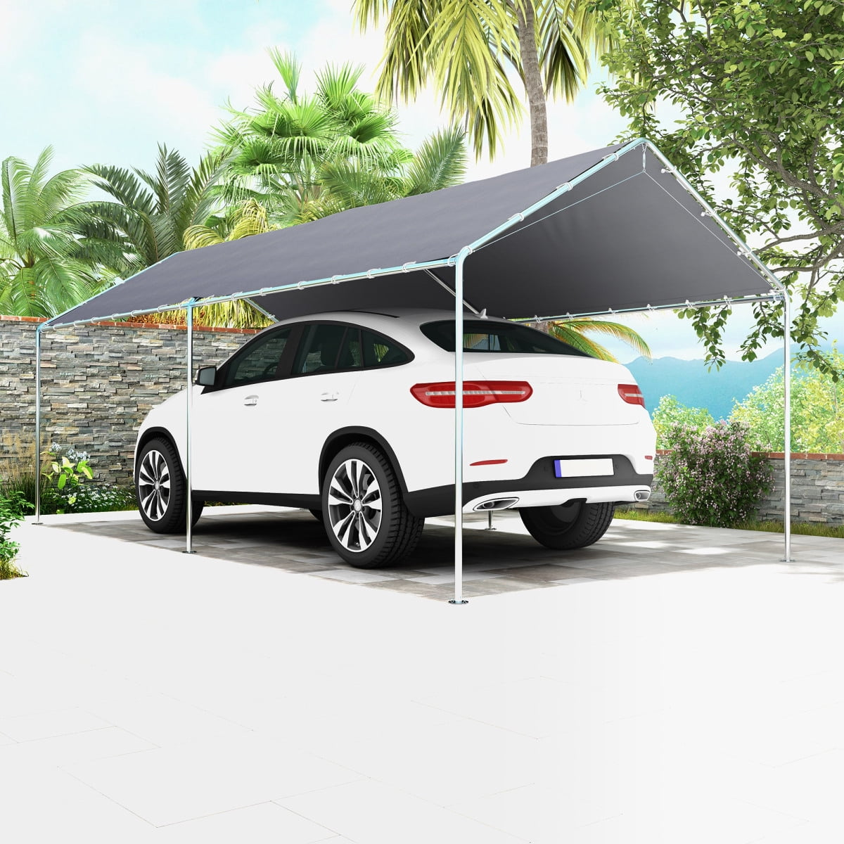 LuckyNote 10'x20' Heavy Duty Carport, Galvanized Steel Canopy with Reinforced Cables & Anchor Kit, Grey