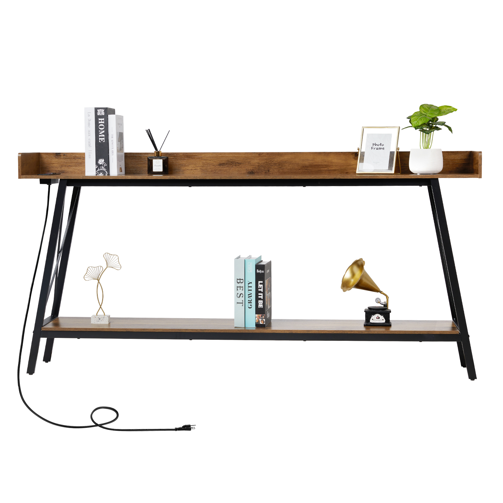 Ktaxon 71in Narrow Console Table with 2 Power Outlets & USB Ports, Rustic Sofa Table Behind Couch for Living Room, Narrow Entryway Hallway Long Bar Table, Brown