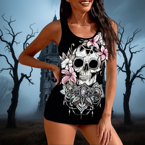 Womens Oversized Tshirts Plus Size Skull Print Sleeveless Casual U Neck Floral Tee Summer Tops 2026 Fashion