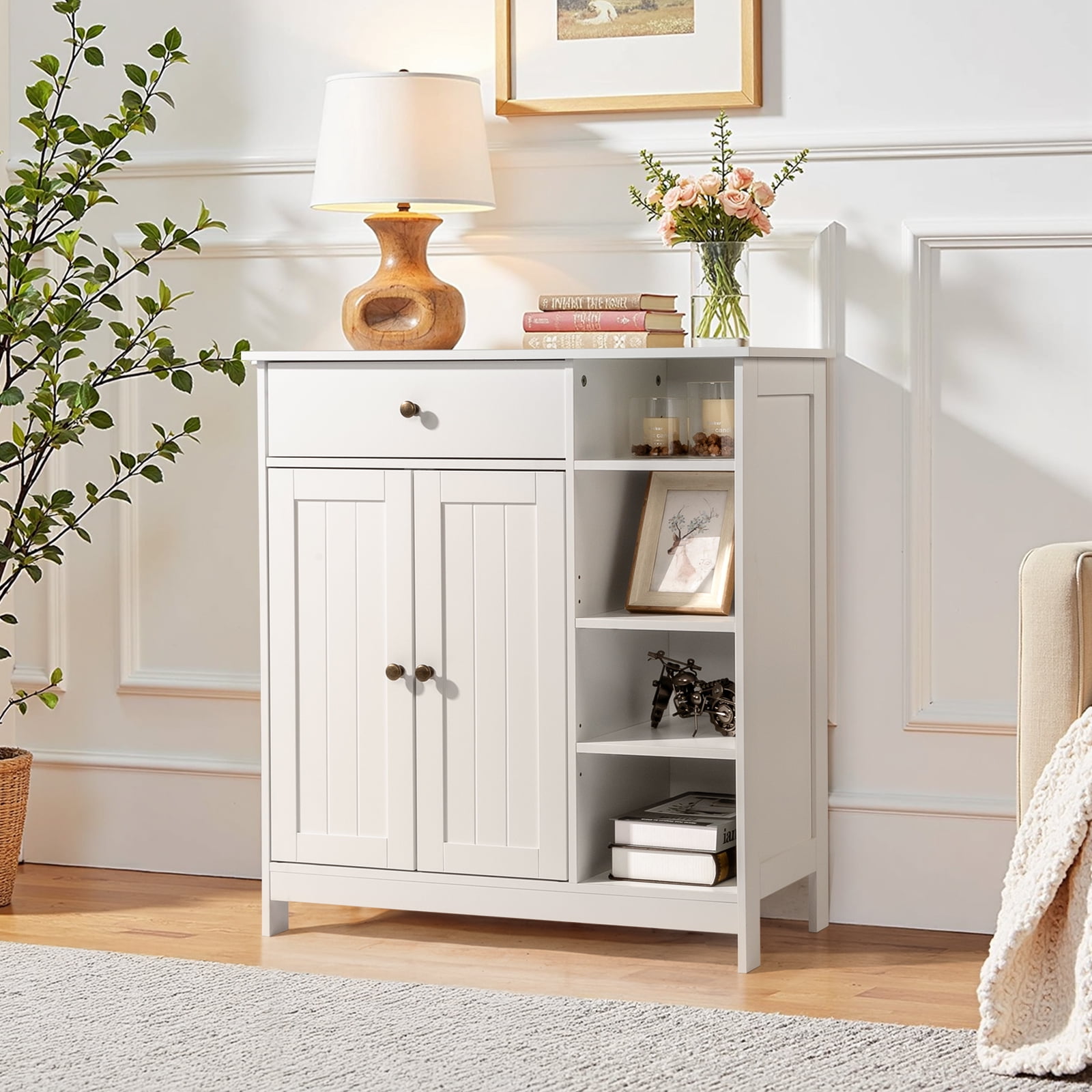 Ktaxon Bathroom Floor Cabinet, Freestanding Storage Cupboard w/ 2 Shelves& 1 Drawer & Three-layer Side Rack, MDF White