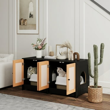 PawHut Cat Litter Box Enclosure w/ 2 Cabinets, Scratching Mats, Trays