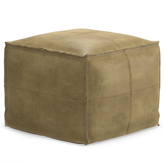 Simpli Home Sheffield 18 inch Wide Boho Square Pouf in Brown Genuine Leather