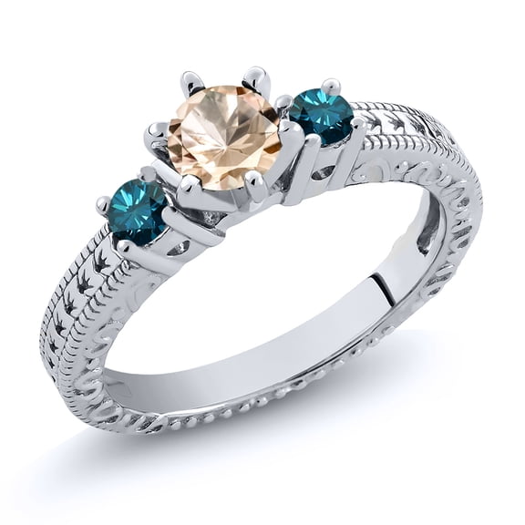 Gem Stone King 0.60 Ct Round Peach Morganite Blue Diamond 925 Sterling Silver Ring (Size 7)