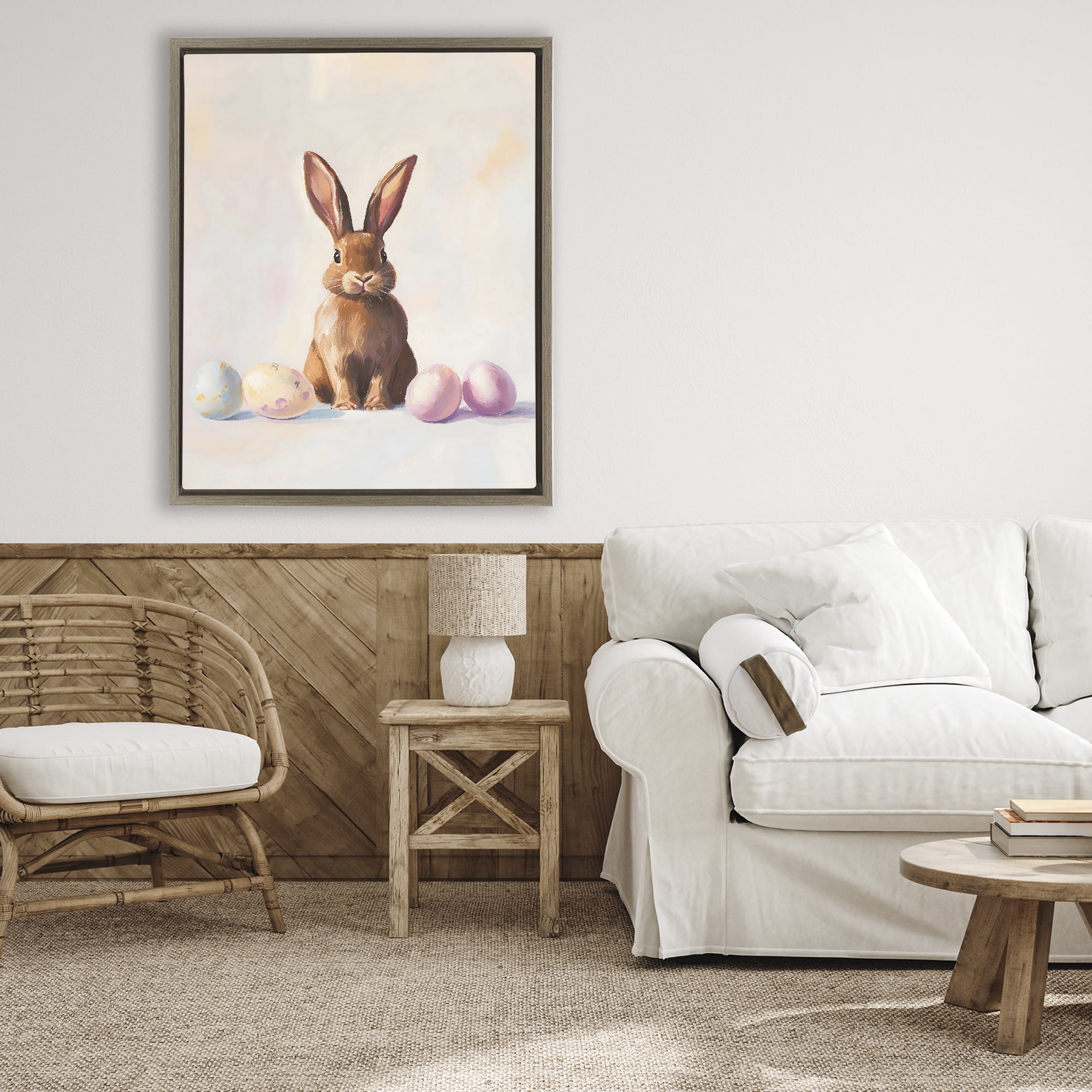 Stupell Industries Easter Bunny with Pastel Eggs Brown Framed Floater Canvas Wall Art, design by The Prints Vibe