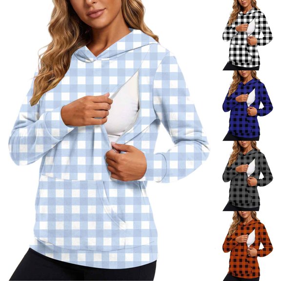 Nursing Hoodie for Women, Plaid Fleece Lined Zip Sweatshirt with Breastfeeding Zipper and Pocket, Fall Winter Tops for Lounge, Travel and Daily Wear Light Blue M