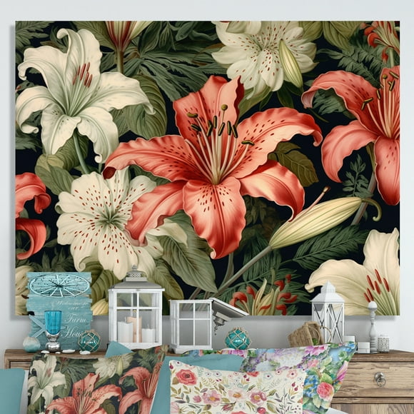 Designart Floral Oversized Wall art decor, Floral Wall Art, Coral Green Lily Impressions Exotic Florals , Coral Traditional Canvas wall art, 44x34 inches