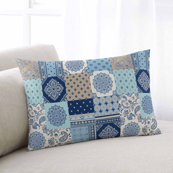 Bohemia Floral Throw Pillow Covers, Retro Mediterranean Texture Patchwork Blue Soft Breathable Pillow Cases with Invisible Zipper for Sleeping, Small Pillowcases for Couch Bed Sofa Chair 16x24 Inches