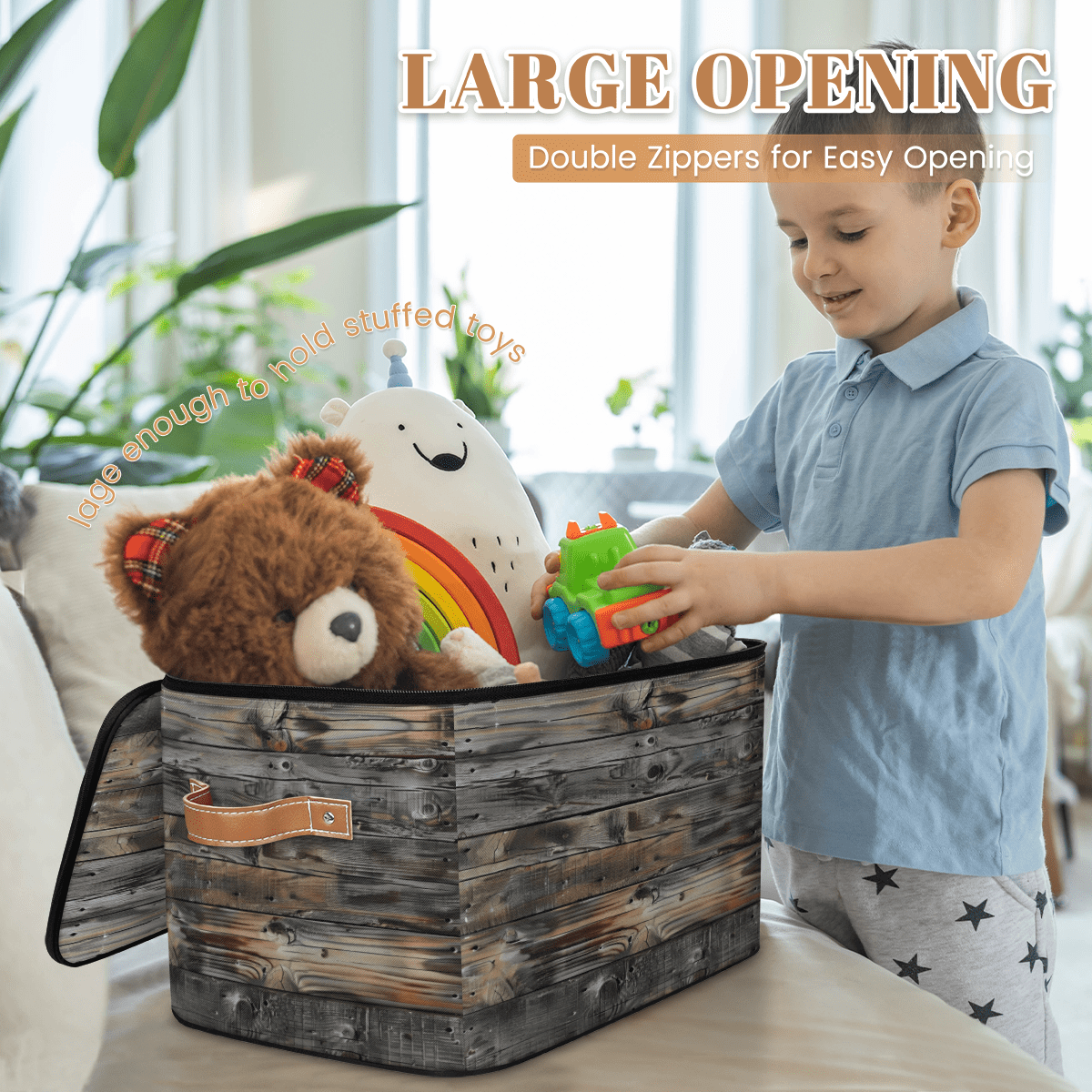 CURLYOOT Vintage Wood Texture Fabric Storage Bins with Lids, Foldable Storage Boxes Washable Storage Cube, Closet Bedroom Home Organizer Containers with PU Leather Handles