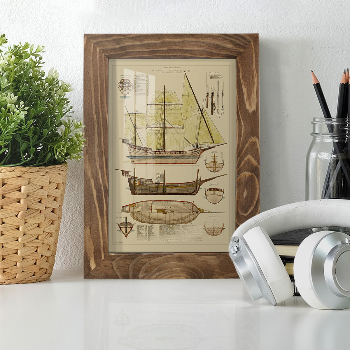 Antique Ship Plan II -Framed Print w/glass-Walnut