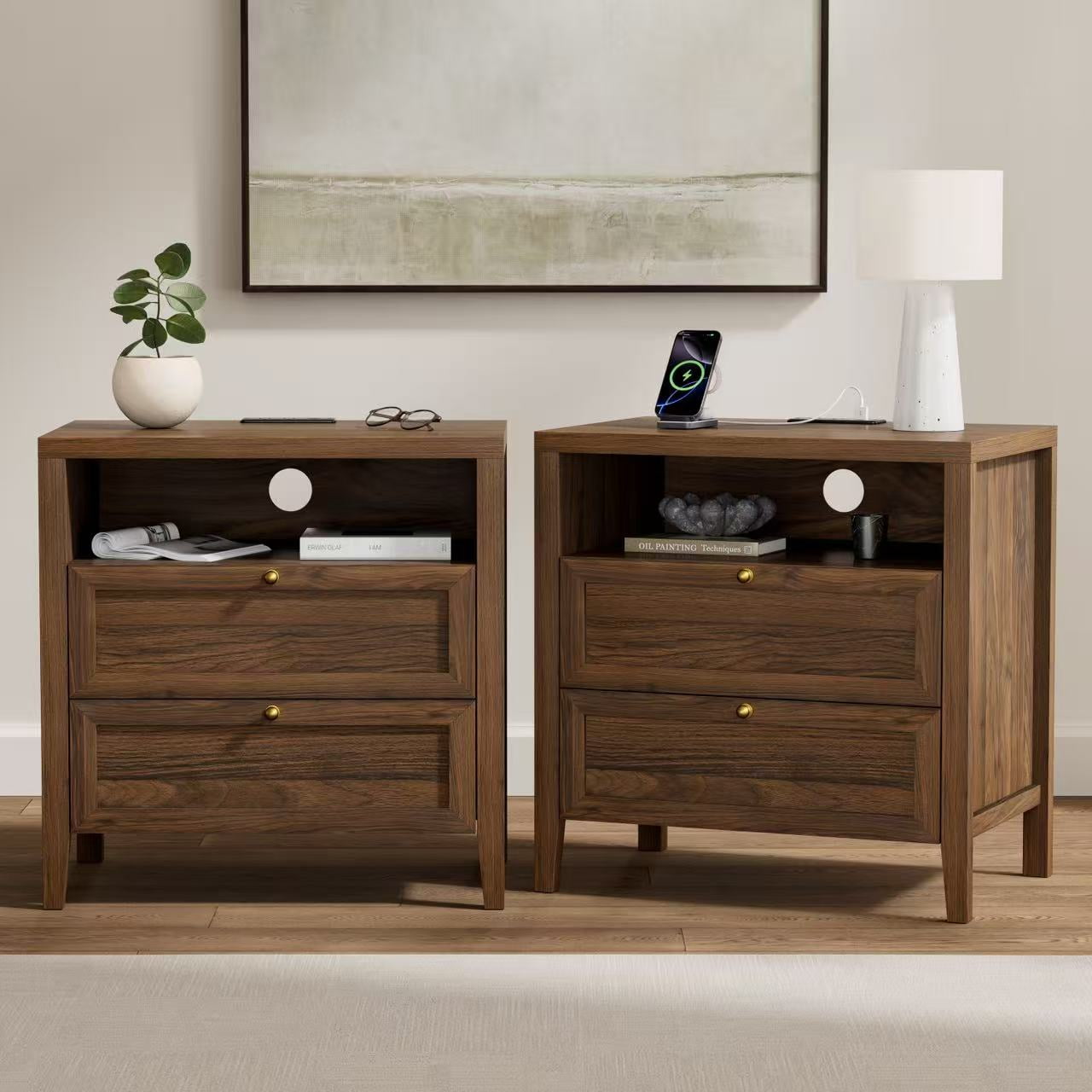 Joyyskill Farmhouse End Table with 2 Drawers, Wooden Nightstand with Open Storage Cable Hole Freestanding Wide Bedside Table for Bedroom Living Room Sofa, Brown