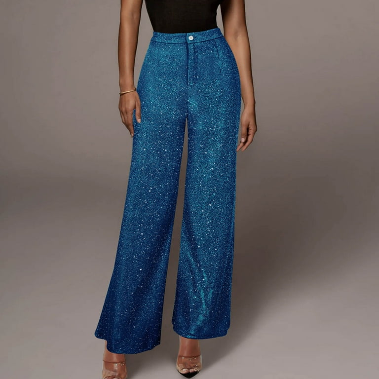 Sequin Pants for Women High Waisted Club Wear Straight Wide Leg 80s  Trousers Costume Loose Fitting Solid Color (Small, Blue)