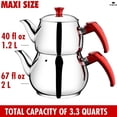 thumbnail image 3 of Hakan Stainless Steel 3.2 L Maxi Double Bondy Turkish Tea Pot Set with Self Strainer, Double Lids, 107 Oz, 3 of 10