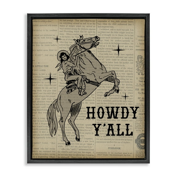 Stupell Industries Howdy Y'all Vintage Newspaper Animals Painting Black Floater Framed Canvas Art Print Wall Art, 17 x 21