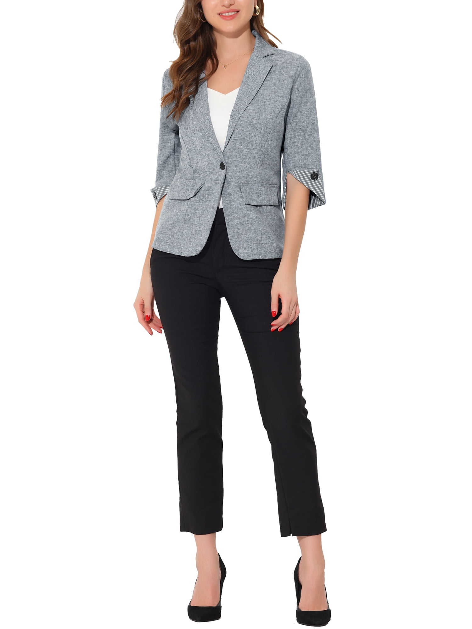 Unique Bargains Women's Office Suit Jacket Notched Lapel Collar 3/4 Sleeve Blazer XS Grey