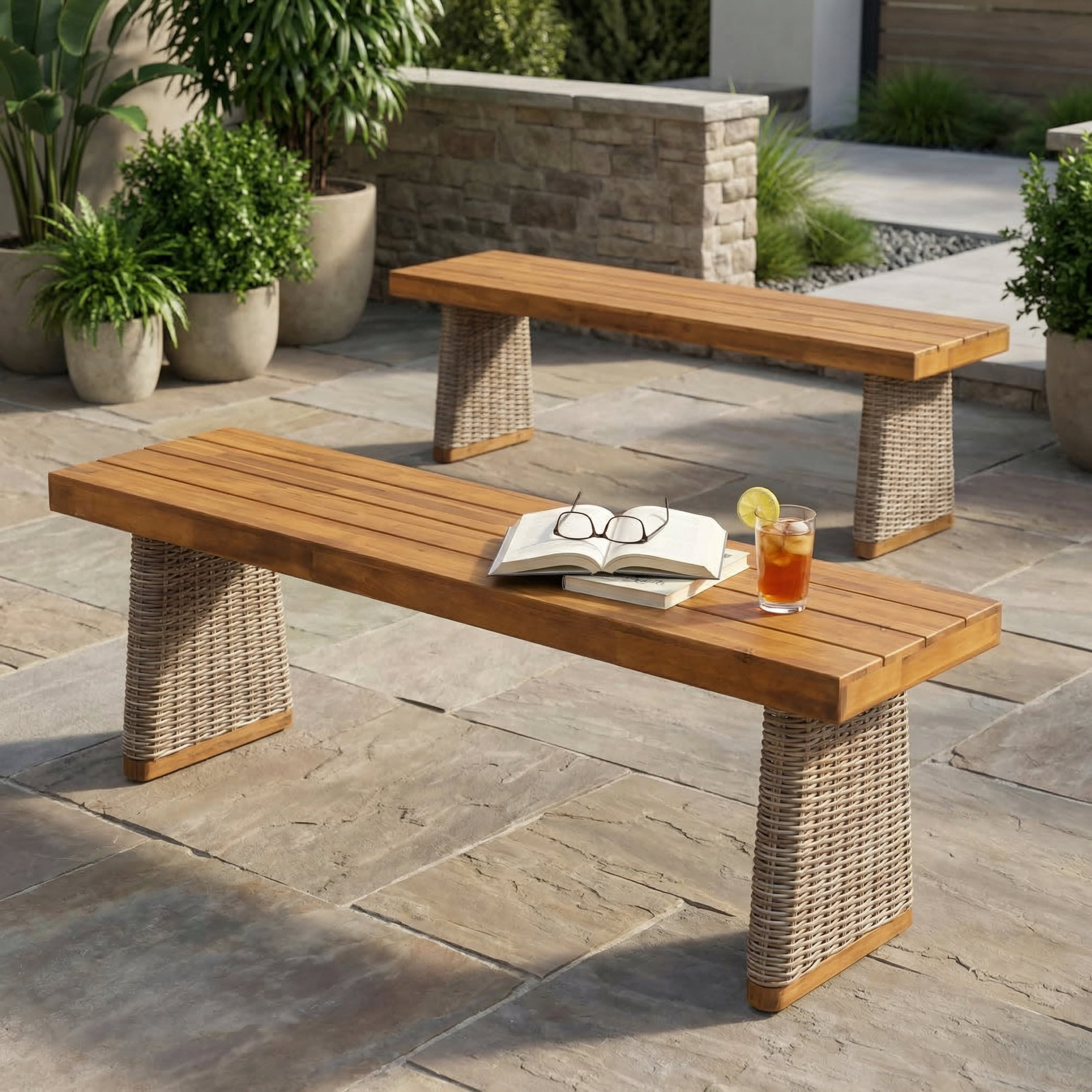 Bench Set of 2, Outdoor Acacia Wood Bench with Brown Wicker for Patio Garden, Teak