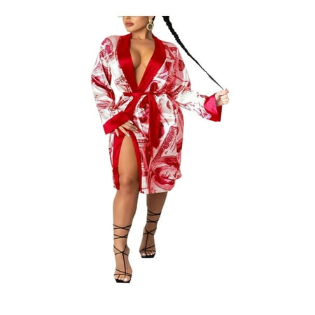 

Licupiee Women Satin Robe Bridal Dressing Gown Wedding Bride Bridesmaid Kimono Sleepwear Dollar Print with Belt