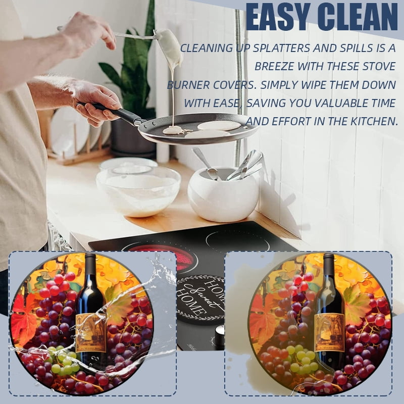 4 Pcs Gas Stove Burner Cap Set, Red Wine Bottle Glass Vine Leaf Durable Round Gas Stove Burner Covers Set of 4 for Kitchen Decor, 8 Inches and 10 Inches
