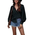 thumbnail image 1 of Blusa con cuello en V y manga farol para mujer Camisa con botones y cuello en V de color puro para uso diario Negro L, 1 of 6