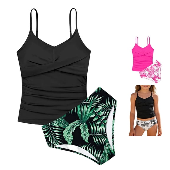 NAFUU Girls Swimsuit Two Piece Tankini Swimsuits Tropical Print Bathing Suit With Bikini Bottoms Adjustable Straps Girls' Swimwear Beachwear For Kids 15-16 Years