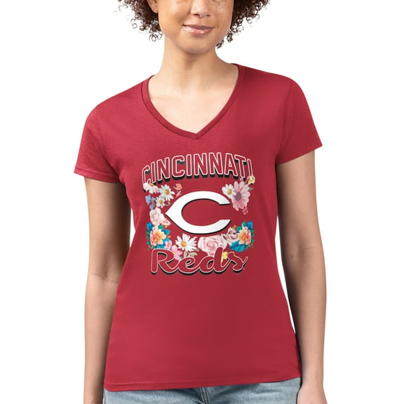 Women's G-III 4Her by Carl Banks Red Cincinnati Reds Super-Slim Fit Lightweight Flowers Graphic V-Neck T-Shirt