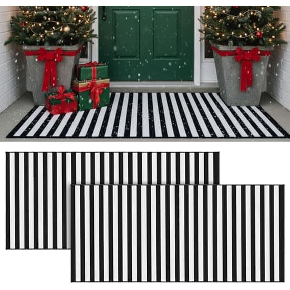 2 Pcs Black and White Striped Rug 2 x 4.3 ft Outdoor Front Door Rug Spring Decor Cotton Washable Doormat Modern and Simple Farmhouse Layering Mats for Front Porch Home Entryway Decor