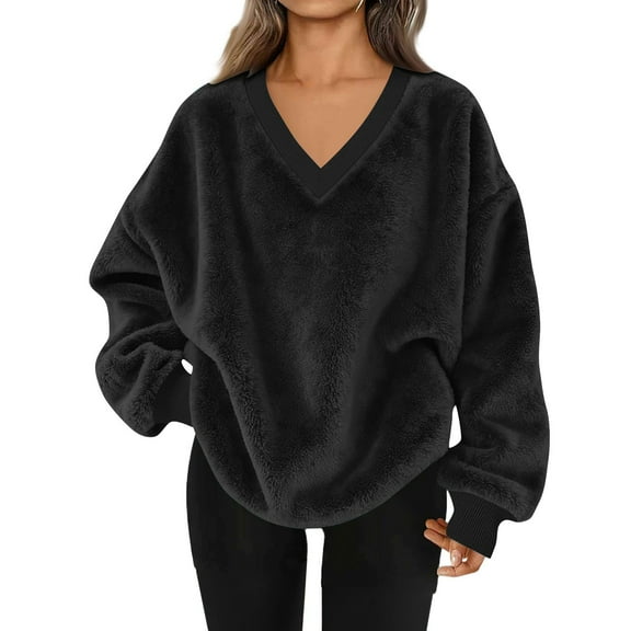 DAFPZW Fuzzy Sweater for Women Fluffy Sherpa Fleece Pullover Sweaters Long Sleeve Oversized V-Neck Sweatshirt with Pockets