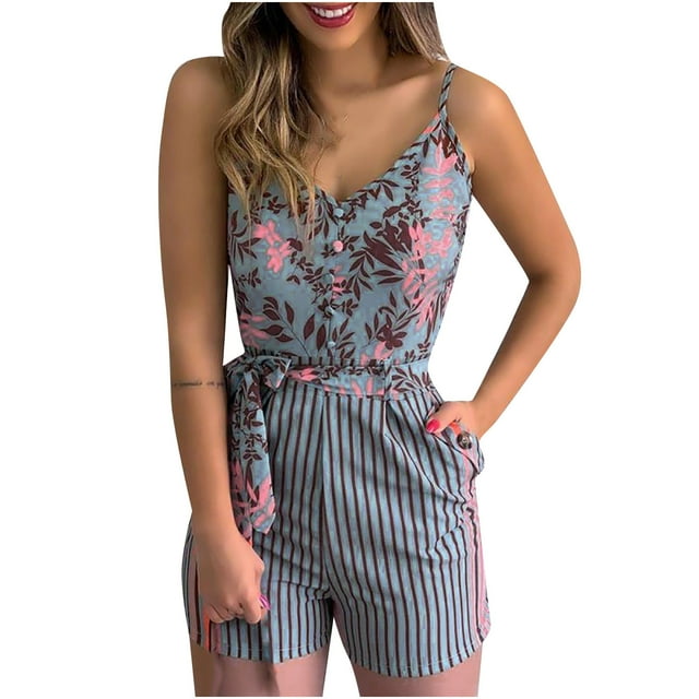 Aqestyerly Combinaisons Ma Commande! Mode Femme Imprimé Feuilles et Rayures Combinaison Courte avec Ceinture et Poche