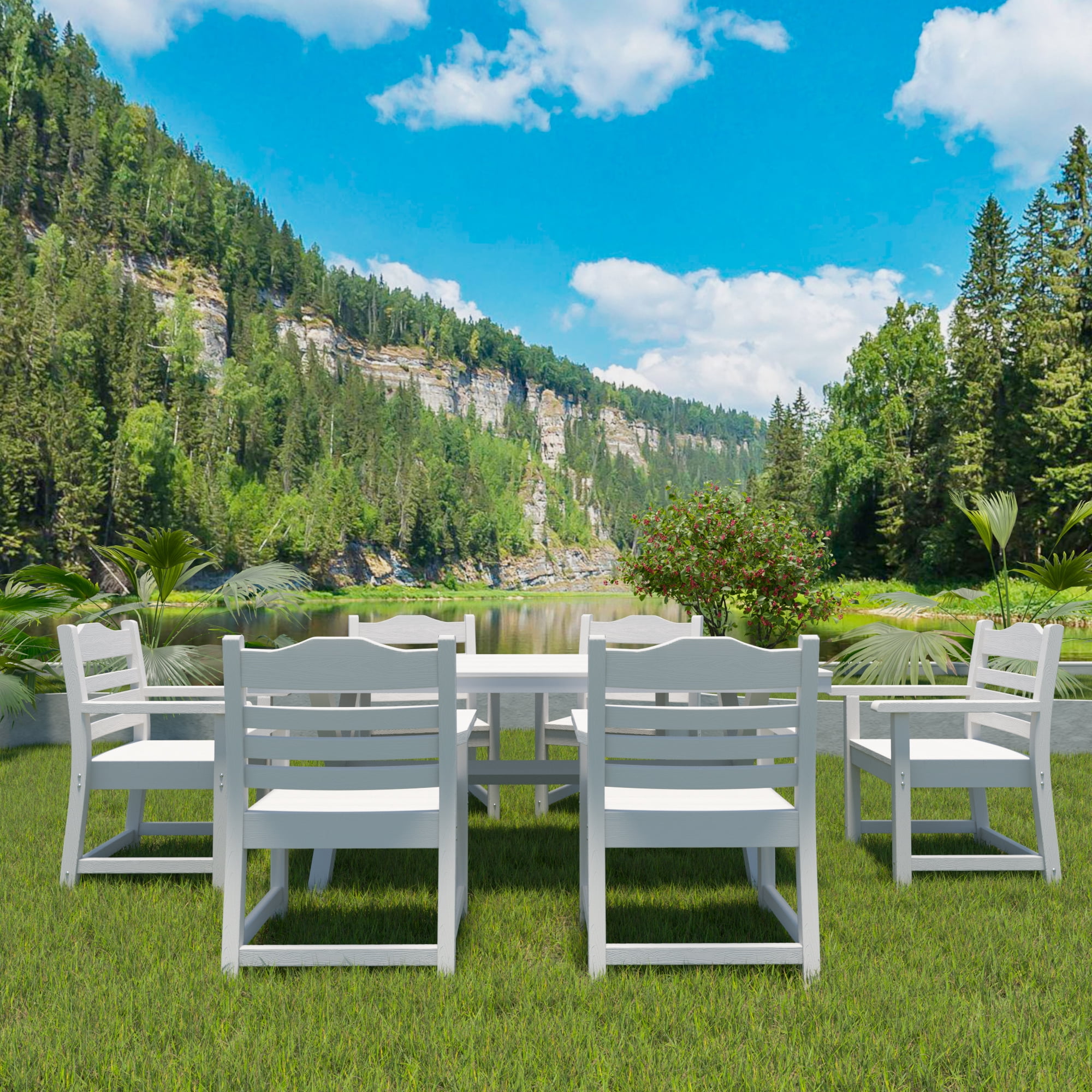 Patio Dining Chair with Arms Set of 2, Pure White with Imitation Wood Grain Texture for Deck Pool, White