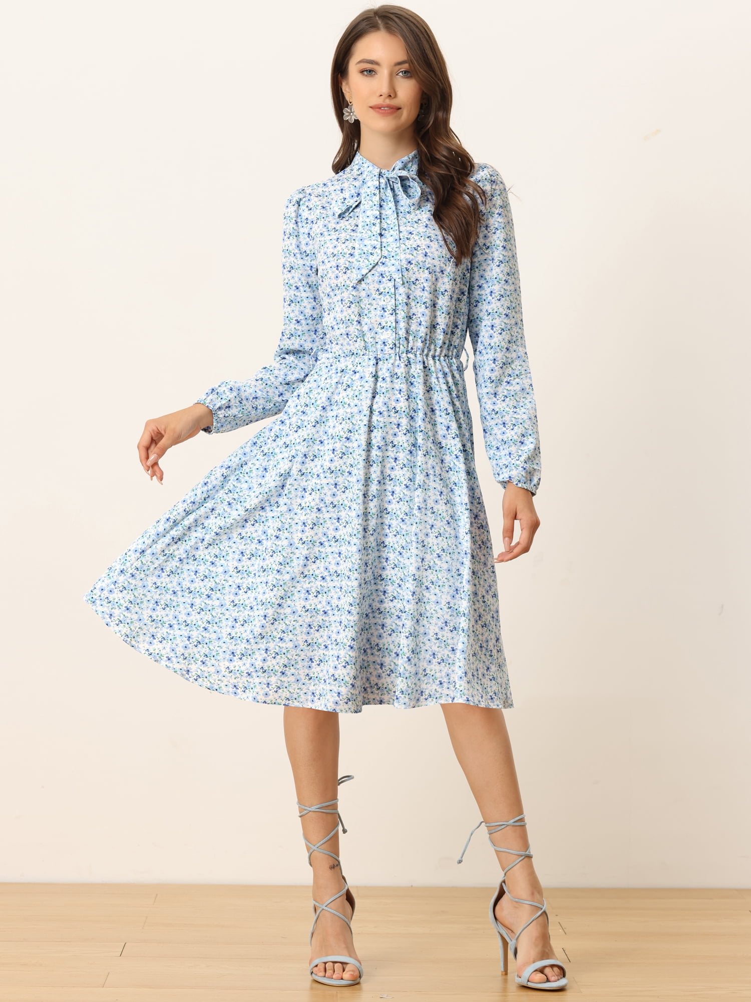 DARING DIVA Tie Neck Chiffon Belted Vintage Floral Midi Dress S Light Blue
