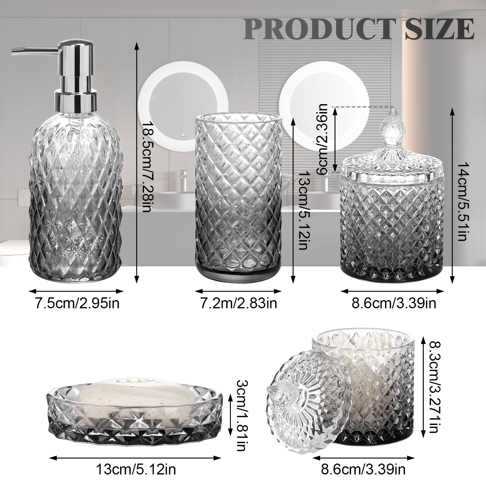 Bathroom Soap Dispenser Set, 5-Piece Glass Bathroom Accessories, Modern Bathroom Decor, Bathroom Glass Accessories Set, Gradient Light Gray