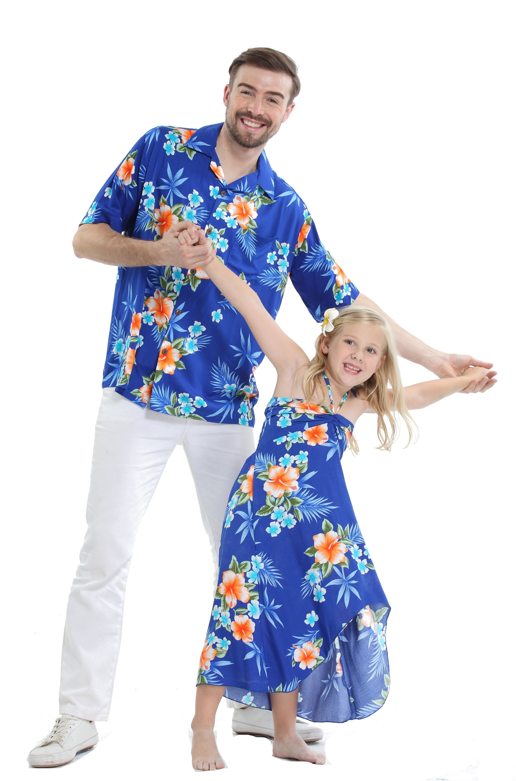 Made in Hawaii Father Daughter Matching Luau Dance Shirt Collar Dress Palm Blue 