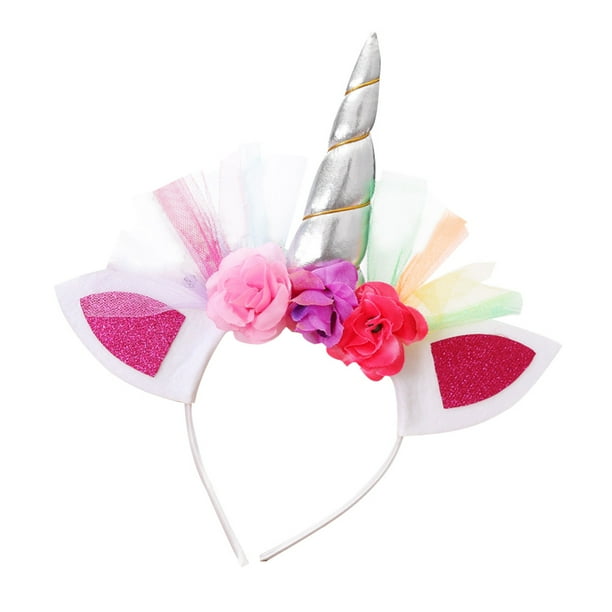KAKOWELY 3 diademas de cuerno de unicornio para niña, con flores, para cosplay y fiesta de disfraces (plateadas)
