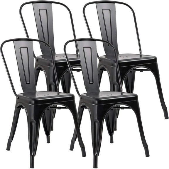BOBOKY Metal Dining Chair Stackable Indoor Outdoor Industrial Vintage Chairs Bistro Kitchen Cafe Side Chairs with Back Set of 4 (Black)