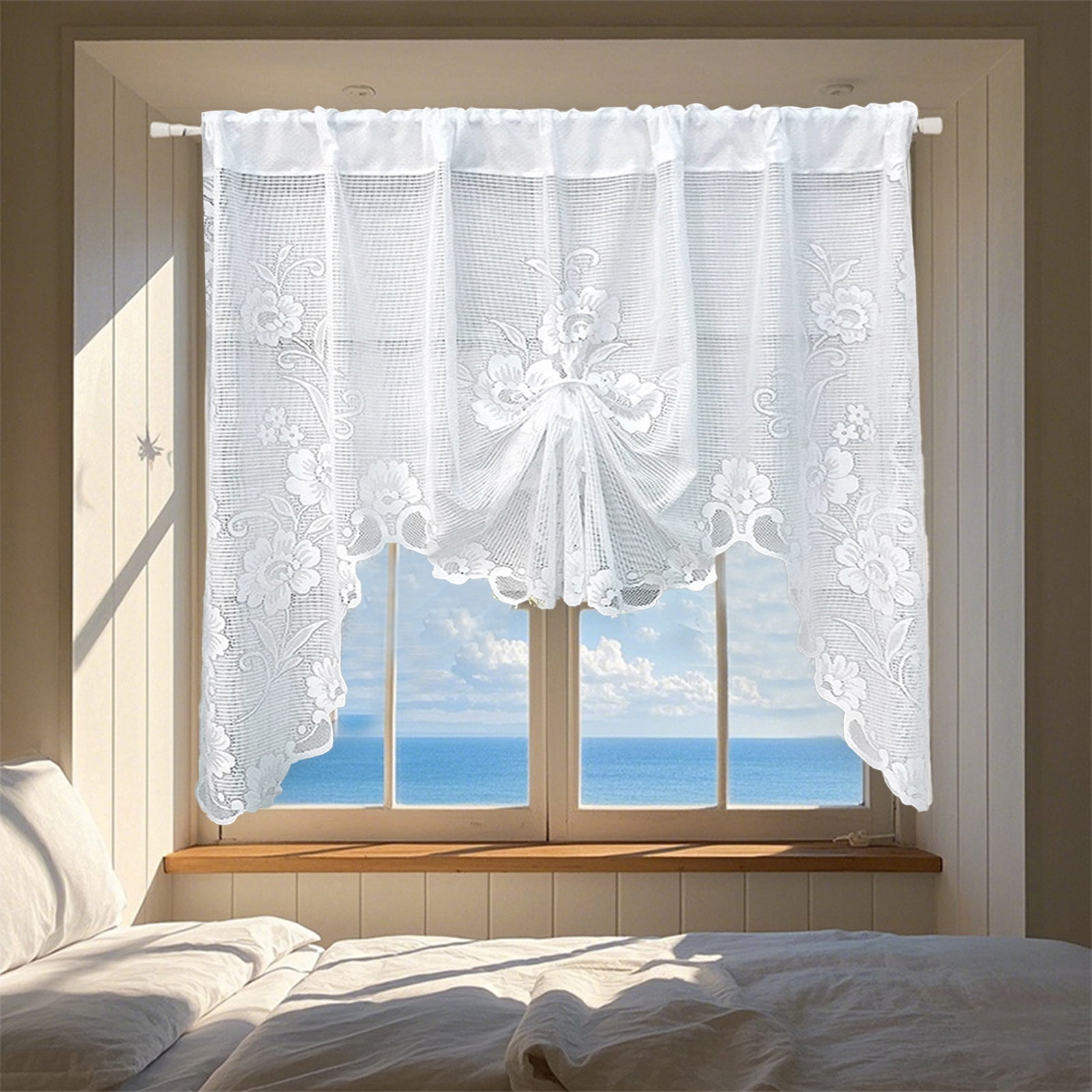 Specollect Clearance 1Pcs Valances for Windows Swag Curtains White Lace Curtain Short Floral Linen Semi Sheer Valance for Kitchen Half Window Bathroom Living Room Decoration Rod Pocket