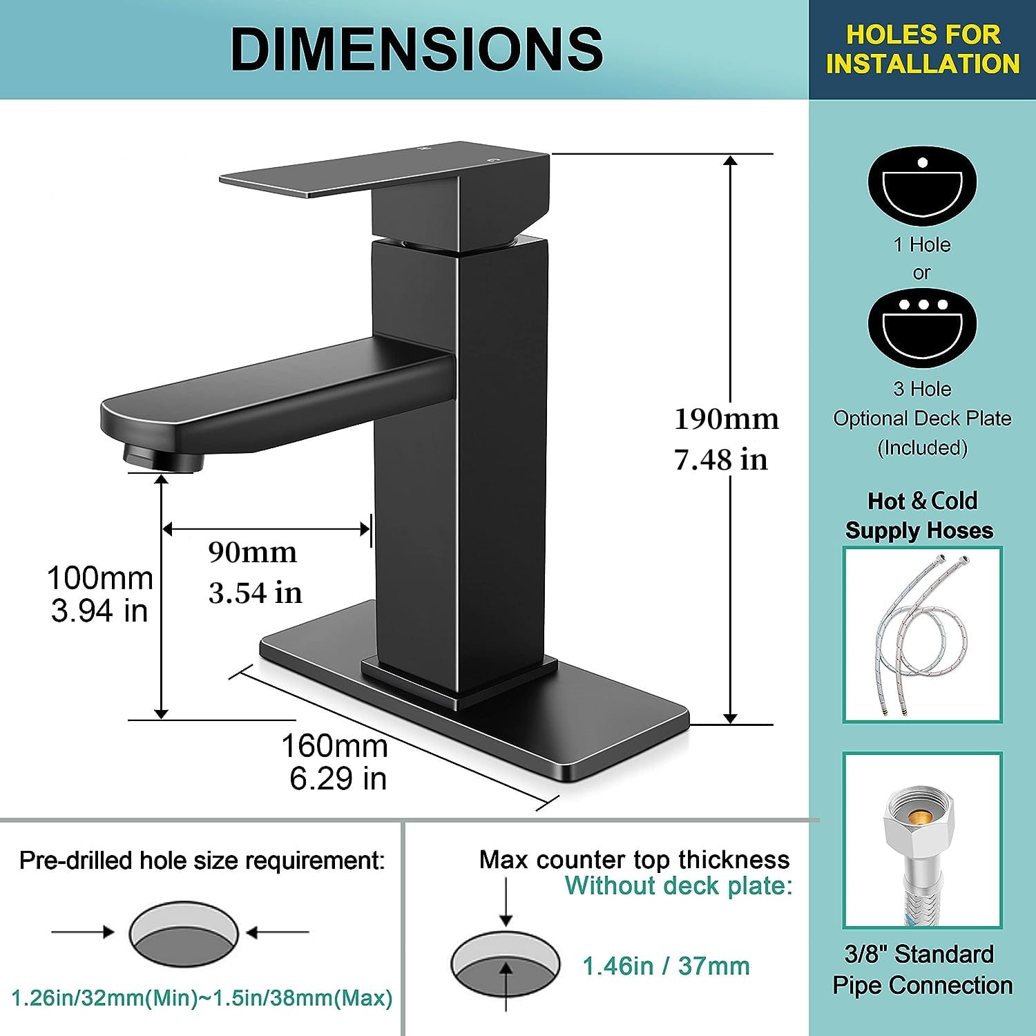Matte Black Bathroom Faucet with Brass Pop-Up Drain - Single Handle Stainless Steel Sink Faucet for 1 or 3 Hole Installation, Waterfall Spout, Easy to Install - Includes 2 Water Hoses