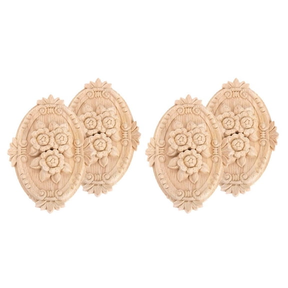 4Pcs Wood Carved Applique Onlay Unpainted Furniture Decoration Unpainted Oval Patterns 21X15cm